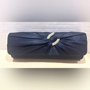 NWT Damara Elegant Navy Satin Clutch Bag Purse with Gemstone Accent